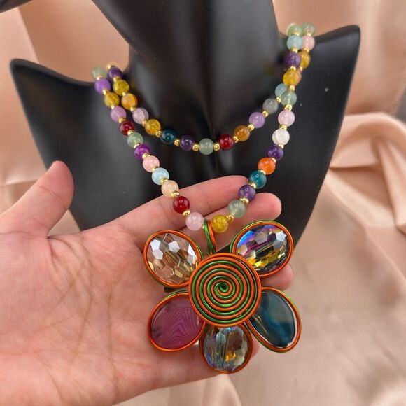 Rainbow Beaded Flower Pendant Necklace – Bold, Colorful & Totally Joyful! - Picture 12 of 12